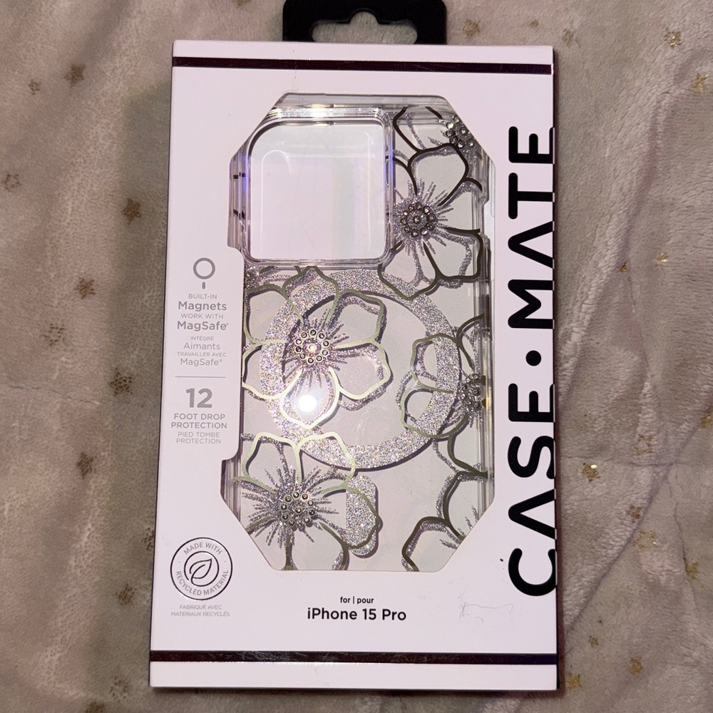 Case-Mate iPhone 15 Pro Case - Silver Glitter Floral
